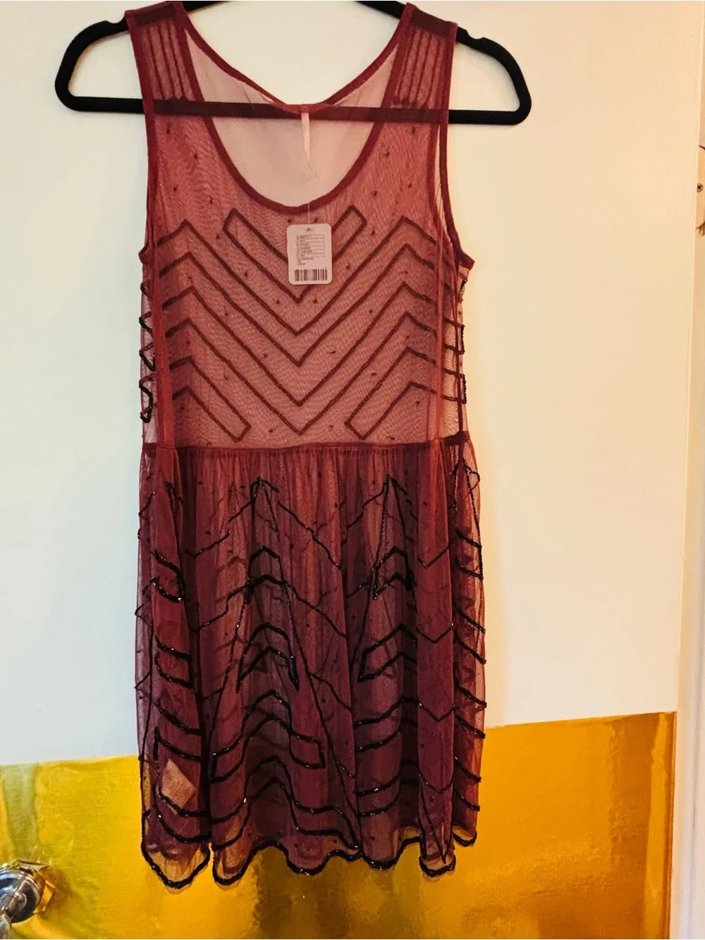 Free People Purple Mesh Mini Dress with Black Beaded Accents